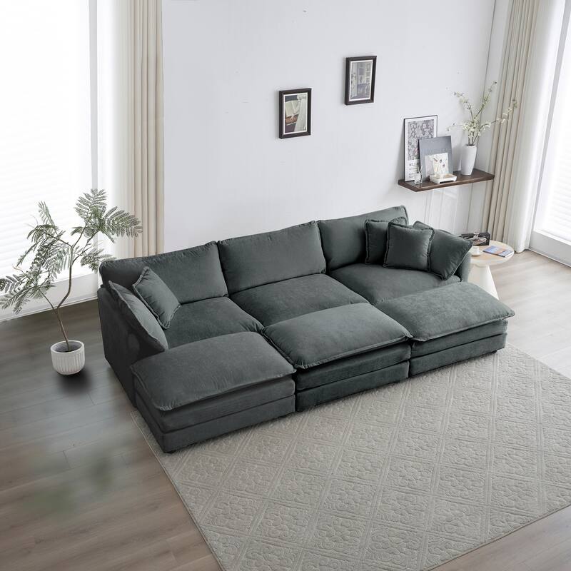GDFStudio - Orinthia Chenille 3 Seater Sofa with 3 Ottomans with Toss and Arm Pillows - Gray