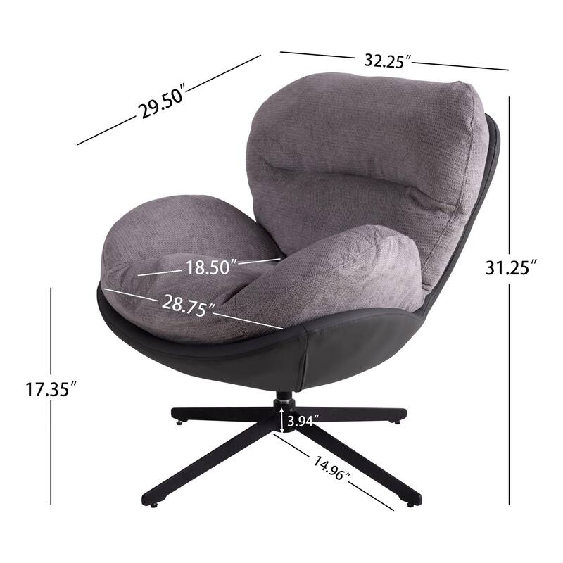 360° Swivel Accent Chair, Modern Chenille Lounge Chair with Faux Leather and Black Metal Base Frame