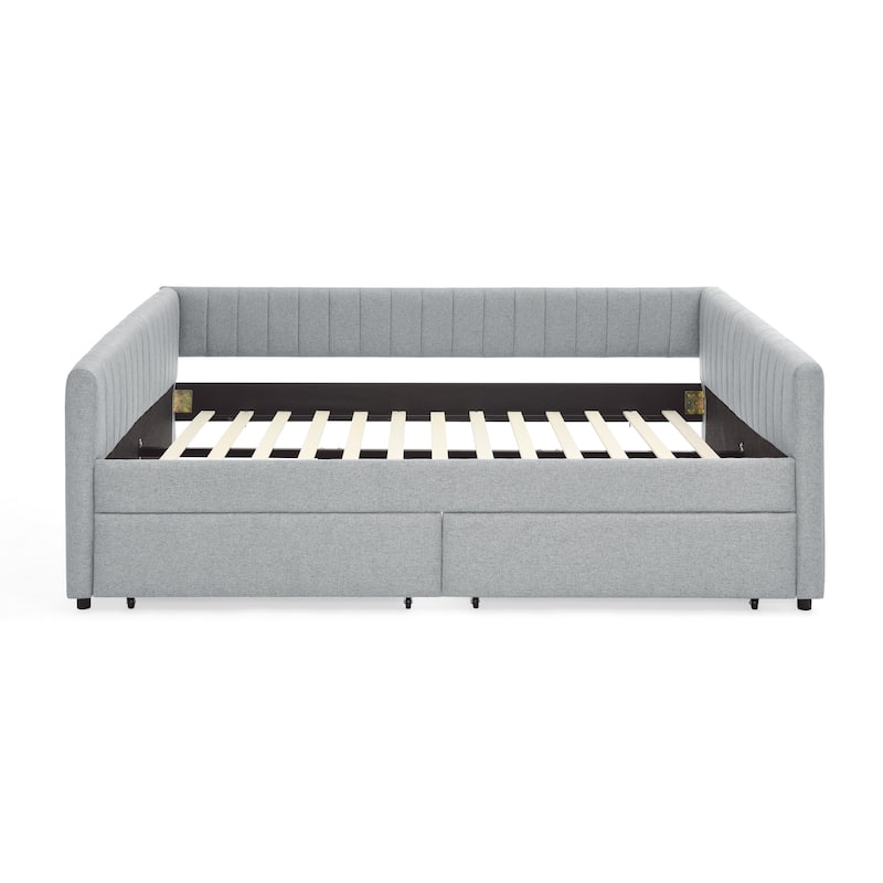 Queen Size Upholstered Daybed with Trundle and Storage Drawers, Grey Linen Fabric