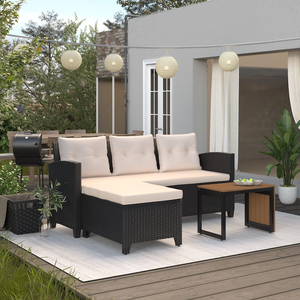 3-Piece Wicker Patio Conversation Sectional Seating Set with Beige Cushions