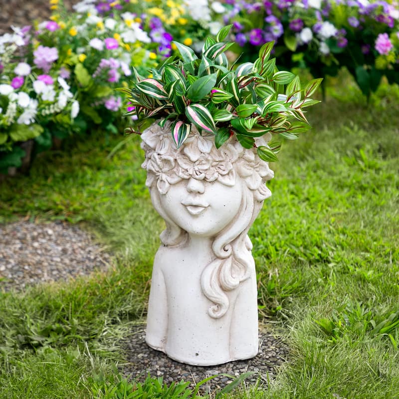 Lady Head with Flowers Outdoor Garden Planter - 16.5" - Beige