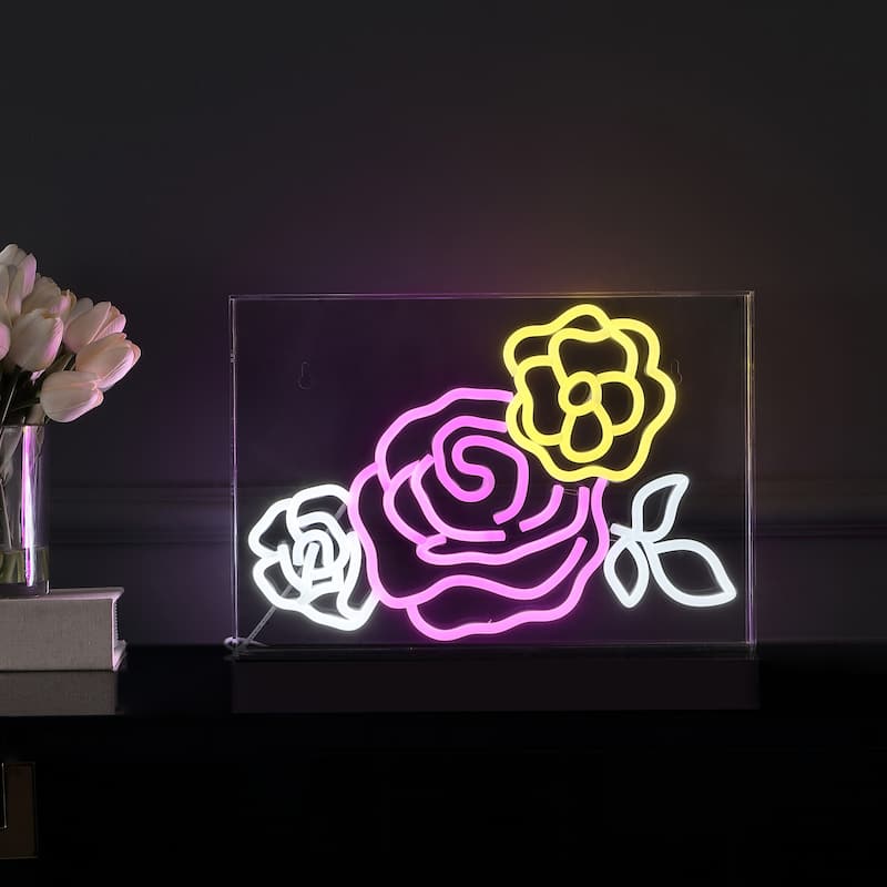 Crowd Of Roses 15" X 10.3" Contemporary Glam Acrylic Box USB Operated LED Neon Light, Pink/White/Yellow by JONATHAN Y