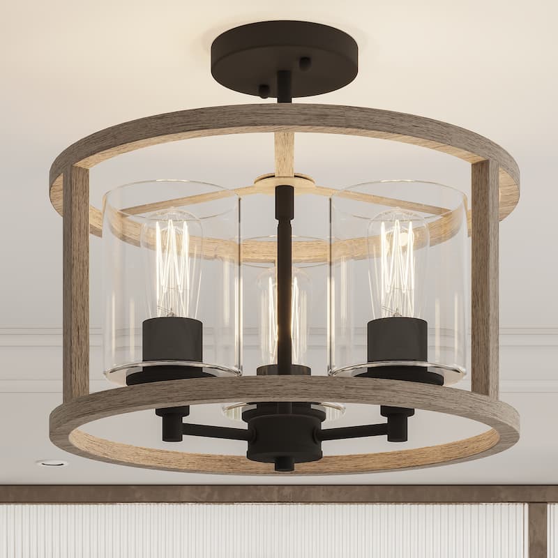Moulins 3-light Modern Farmhouse Semi-Flush Mount Ceiling Lights with UL Certified - 15'' - Driftwood