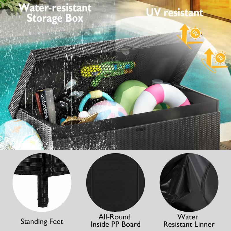 Black Heavy Duty Wicker Deck Box with 4 Wheels, Lockable Lid and Bench for Patio Poolside and Garden​