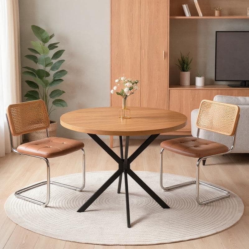 Grondin Modern Farmhouse Style 38.6“ Round Dining Table with 1.18" Thick MDF Tabletop and Pedestal Cross Metal Legs - Walnut