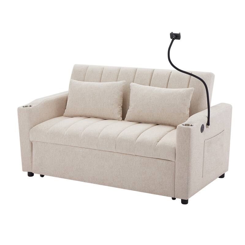 55.9" Convertible Sofa Bed Loveseat Sofa with Three USB Ports, Two Side Pockets, Two Cup Holders and 360°Swivel Phone Holder