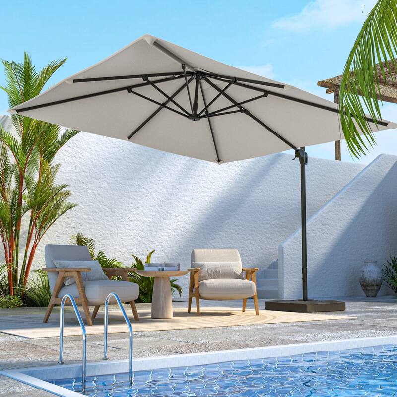 LIVOOSUN Patio10x10FT Aluminum Cantilever Umbrella Solution-Dyed Fabric w/Base - WarmGray