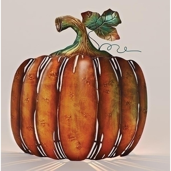 13" Autumn Burnt Orange and Green Metal Pumpkin Tabletop Votive Candleholder