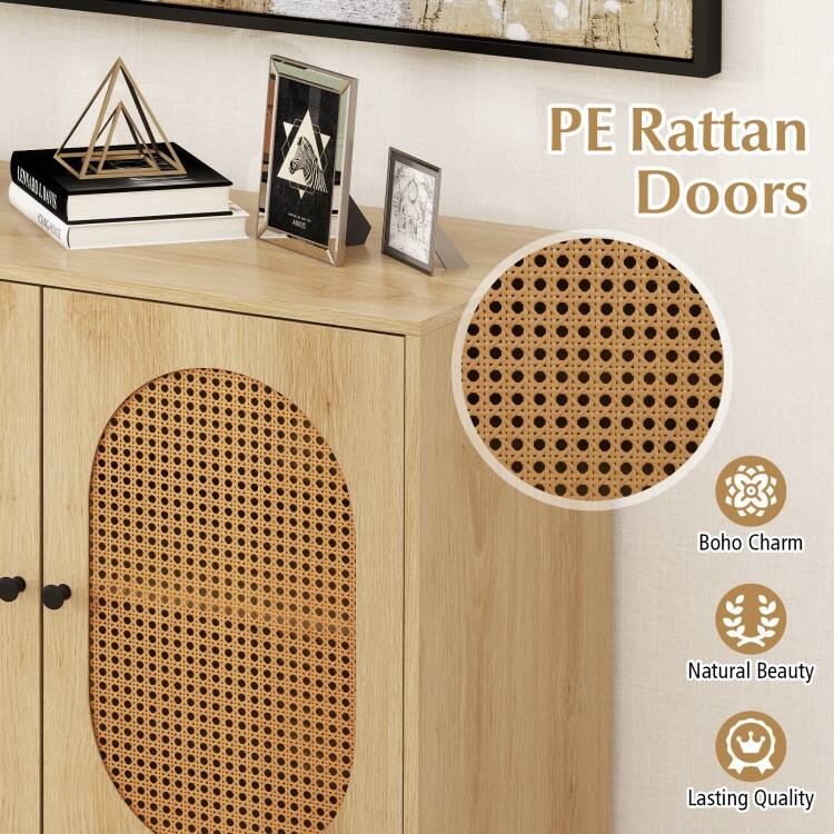 Engineered Wood Buffet Cabinet with PE Rattan Doors and Shelves - 31.5" x 16" x 32"