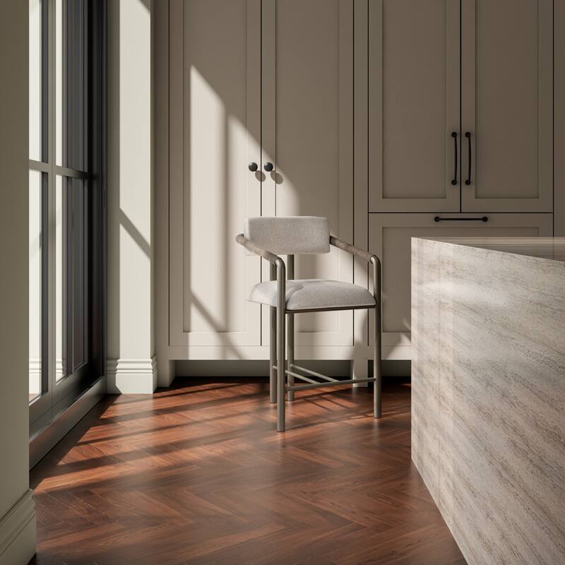 Title: NADAAL STUDIOS Dastan Counter Stool, Leather Wrapped Arms, Iron Frame, Upholstered Seat, Brown