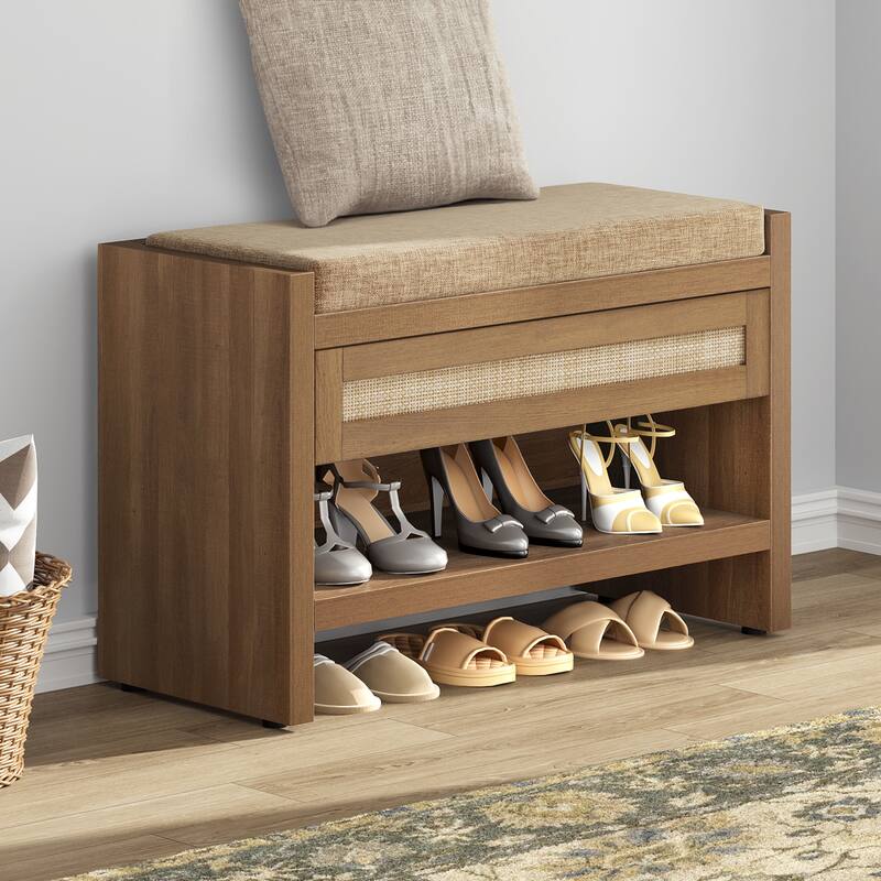 SICOTAS Rattan Shoe Bench Entryway Shoe Rack with Storage Organizer Drawer and Cushion - Oak