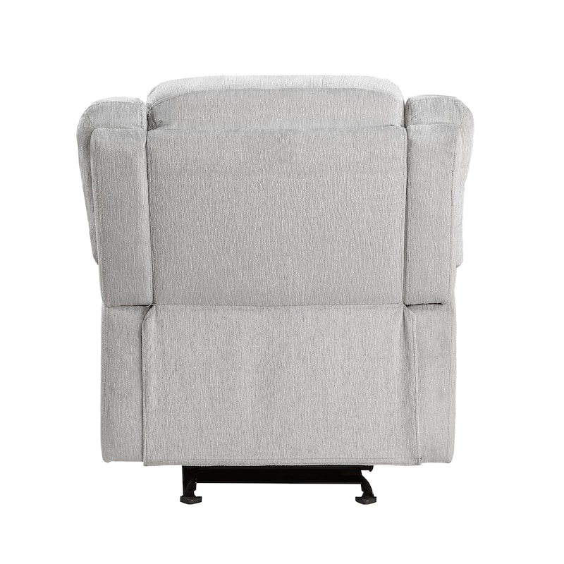 Chris 38 Inch Manual Glider Recliner Chair, Solid Wood, Light Gray Chenille
