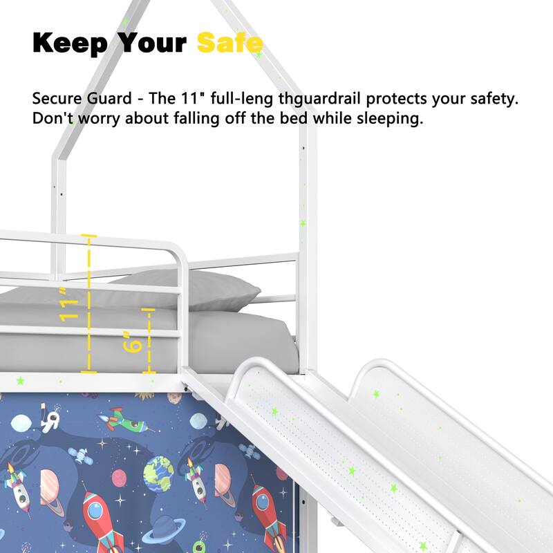 Metal Junior House Twin Loft Bed with Slide and Curtain Set