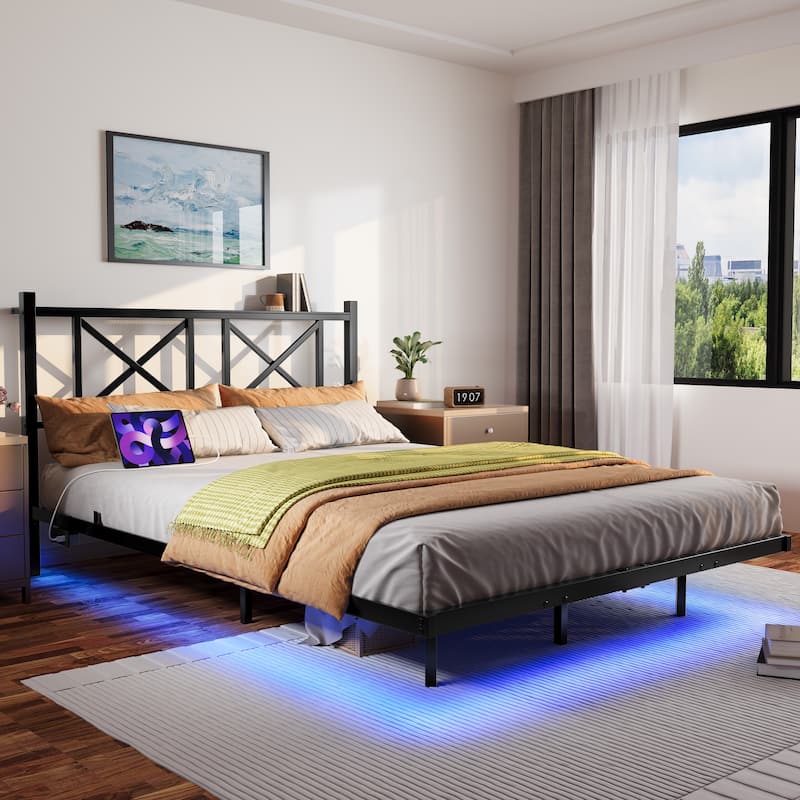 Floating Bed Frame Metal Platform Bed Frame with USB Charging Station Storage Headboard, LED Lights, No Box Spring Needed,Black - Black - Queen