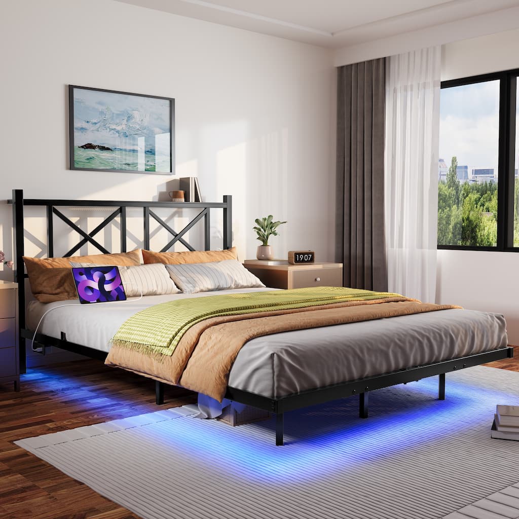 Floating Platform Bed with Storage Headboard, USB Charging & LED Lights. Heavy Duty Steel Slats