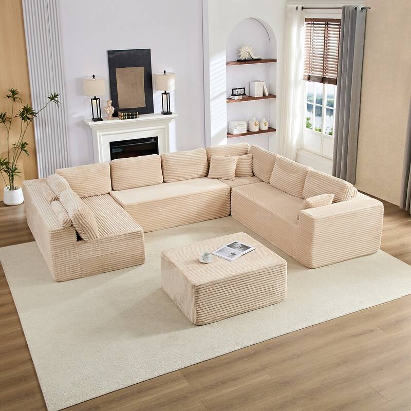 Corduroy 141'' Deep Seat Modular Sectional Sofa, Modern 8-Seater U-Shape Sofa Couch with Moveable Ottoman