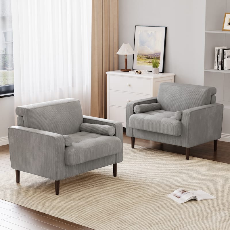 Modern Upholstered Accent Chairs, Corduroy Wide Armchairs For Living Room - Set of 2 - Light Grey/Set