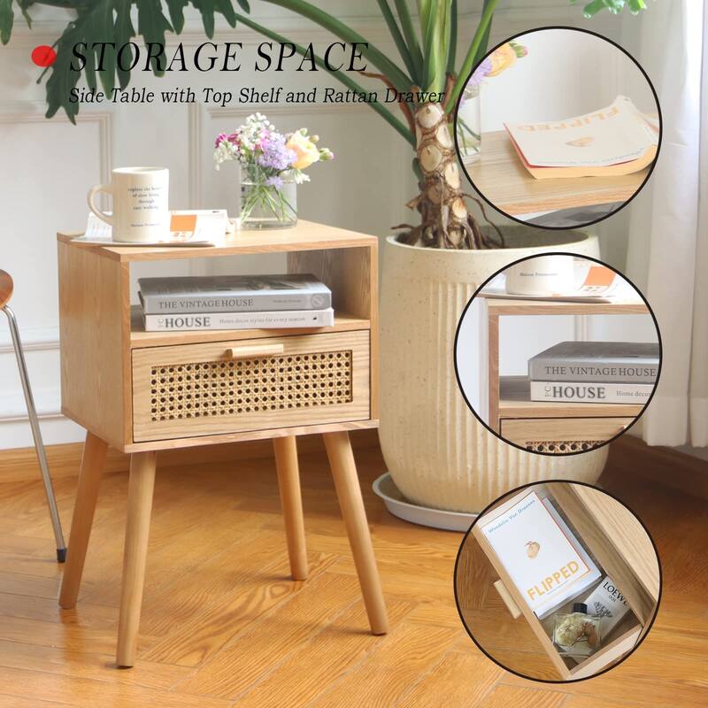 Modern Nightstand Rattan Side End Table with Storage,Accent Bedside Farmhouse Tables with Solid Wood Legs, Easy Assembly