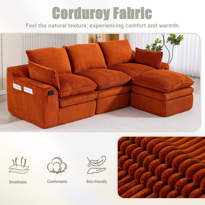 103" L-Shaped Corduroy Boneless Sectional Sofa with Movable Ottoman