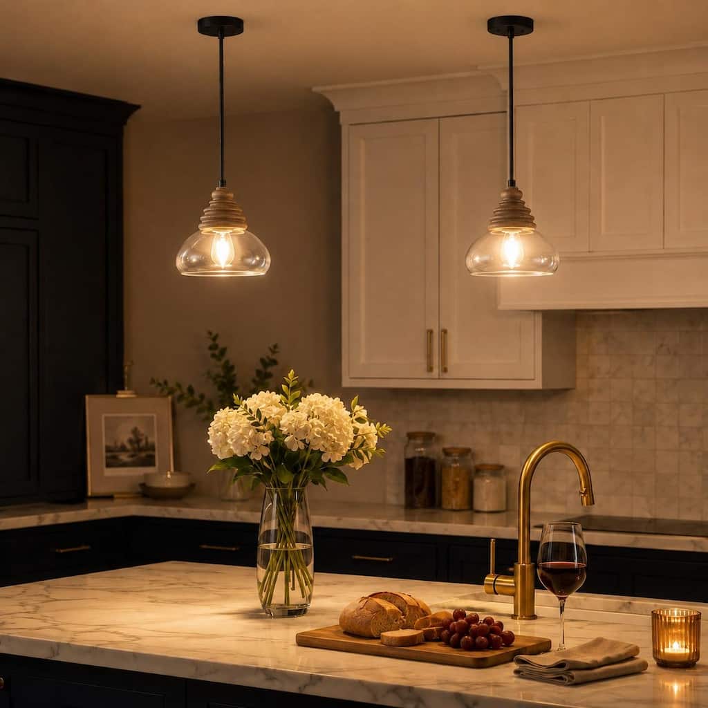 Modern Farmhouse 1-Light Wood Pendant Glass Lights for Kitchen Island