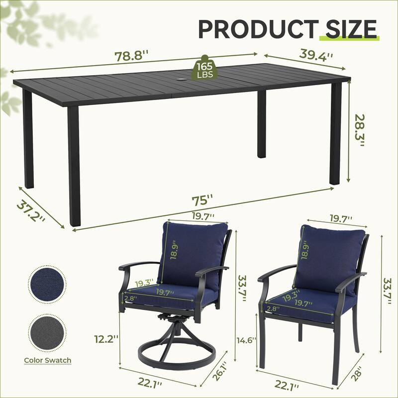 IvyGlow 9-Piece Black Metal Patio Dining Set with Rectangular Table, 2 Swivel Dining Chairs and Gray Cushions