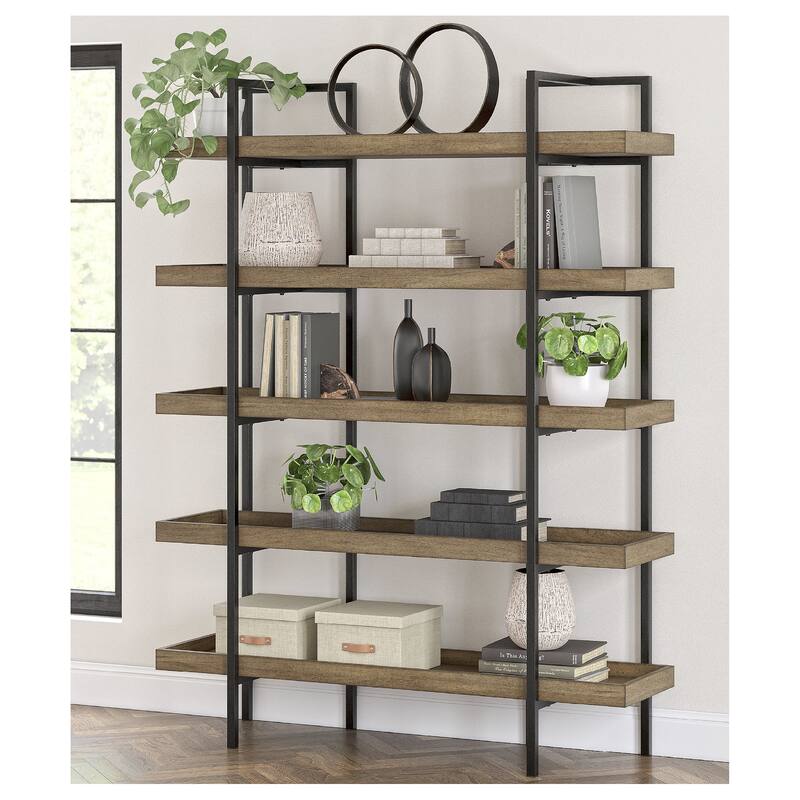 Signature Design by Ashley Montia Black/Brown 76" Bookcase - 58" W x 17" D x 76" H - Light Brown - 58" W x 17" D x 76" H