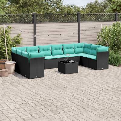 vidaXL 11 Piece Patio Sofa Set with Cushions Black Poly Rattan - 157.3x27.2x92.2
