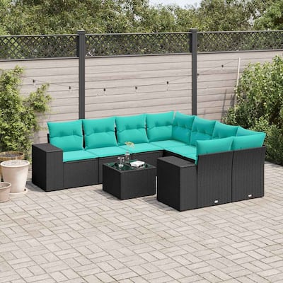 vidaXL 9 Piece Patio Sofa Set with Cushions Black Poly Rattan - 24.4" x 24.4" x 27.2"