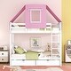 preview thumbnail 2 of 7, White+Pink Twin Over Twin Solid Pine Wood House-Shaped Bunk Bed with Tent and Drawers, Convertible to 2 Beds
