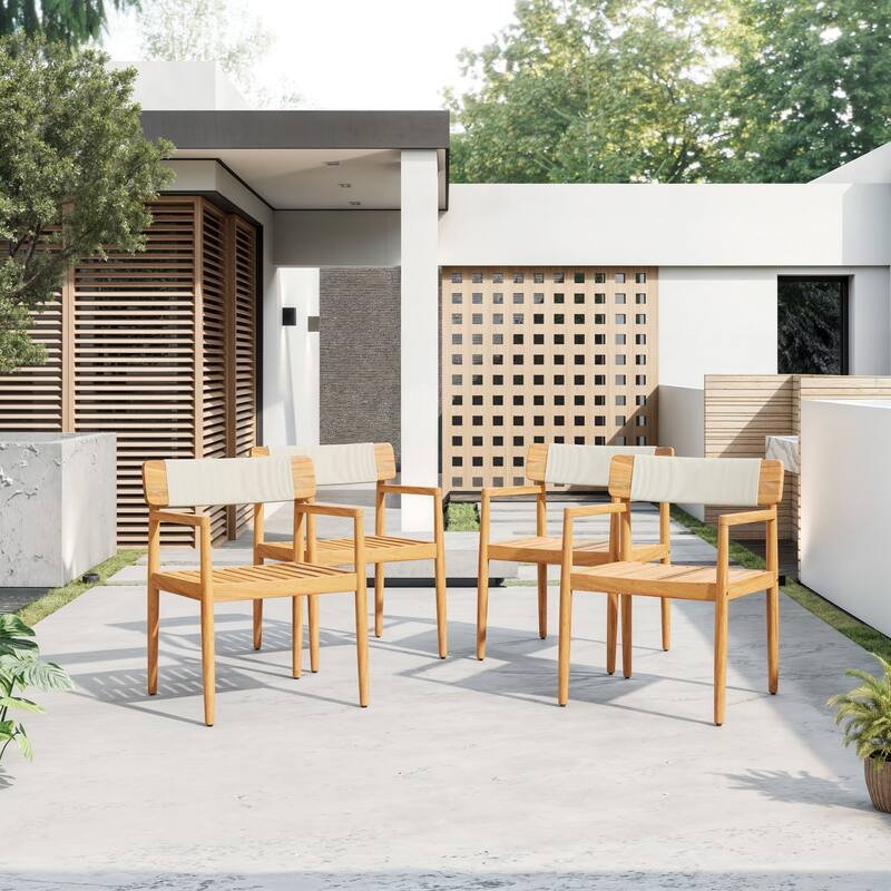 Roomfitters 4-Piece Outdoor Braided Acacia Wood Chairs Teak Look and Rope Weave Armchairs for Garden Backyard Poolside
