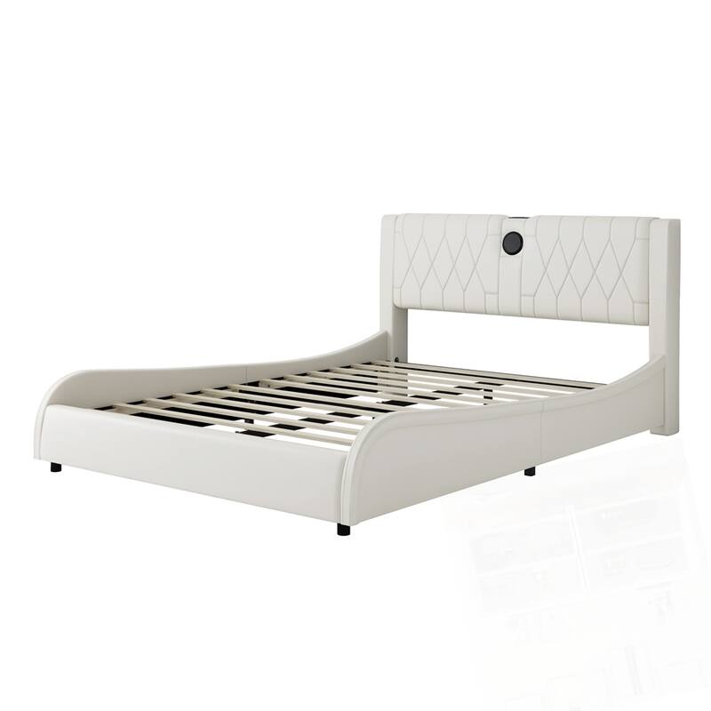 Luxurious Faux Leather Upholstered Platform Bed with Bluetooth Speakers and RGB LED Light