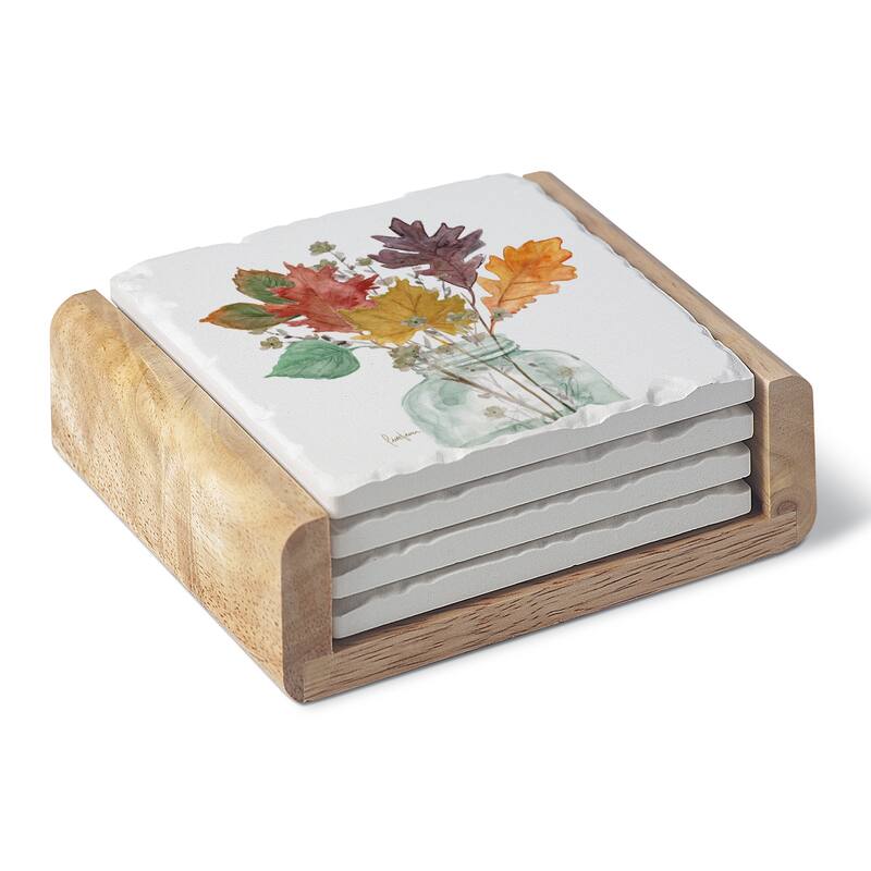 Square Absorbent Coasters - Set of 4 With Holder - Harvest Leaves - 4.001x4.001x2.081