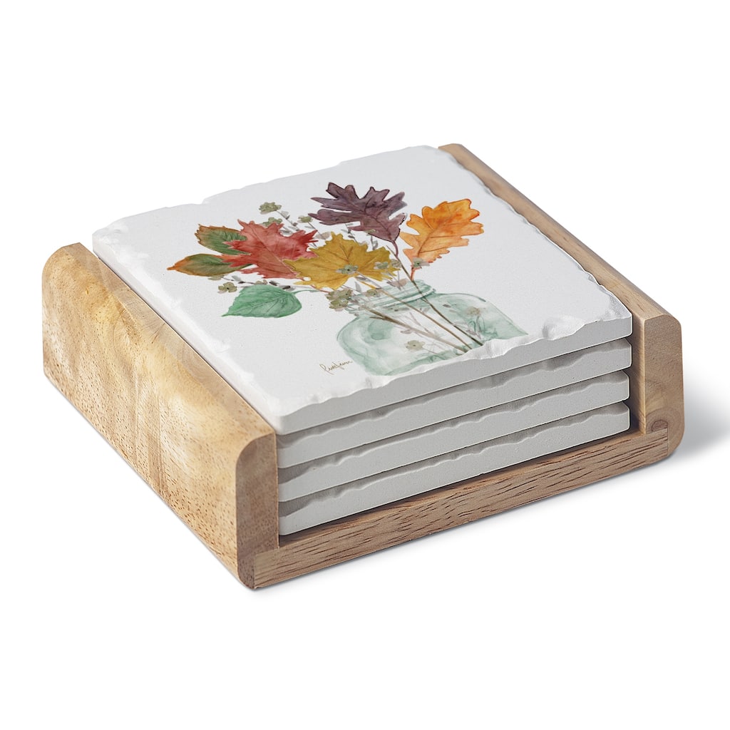 Square Absorbent Coasters - Set of 4 With Holder - Harvest Leaves - 4.001x4.001x2.081