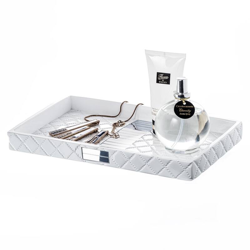 Creative Scents Quilted Mirror White Vanity Tray Decorative Cosmetics Organizer