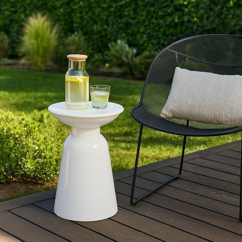 Suma Outdoor End Table, Round 15 Inch Top, Pedestal Base, White Iron