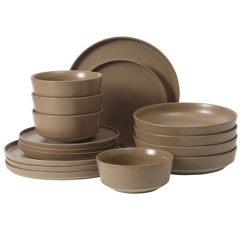 Gibson Elite Overbrook 16-Piece Pottery Clay Stoneware Stackable Dinnerware Set - Plates & Bowls, Reactive Glaze, Service for 4 - Terracotta Brown