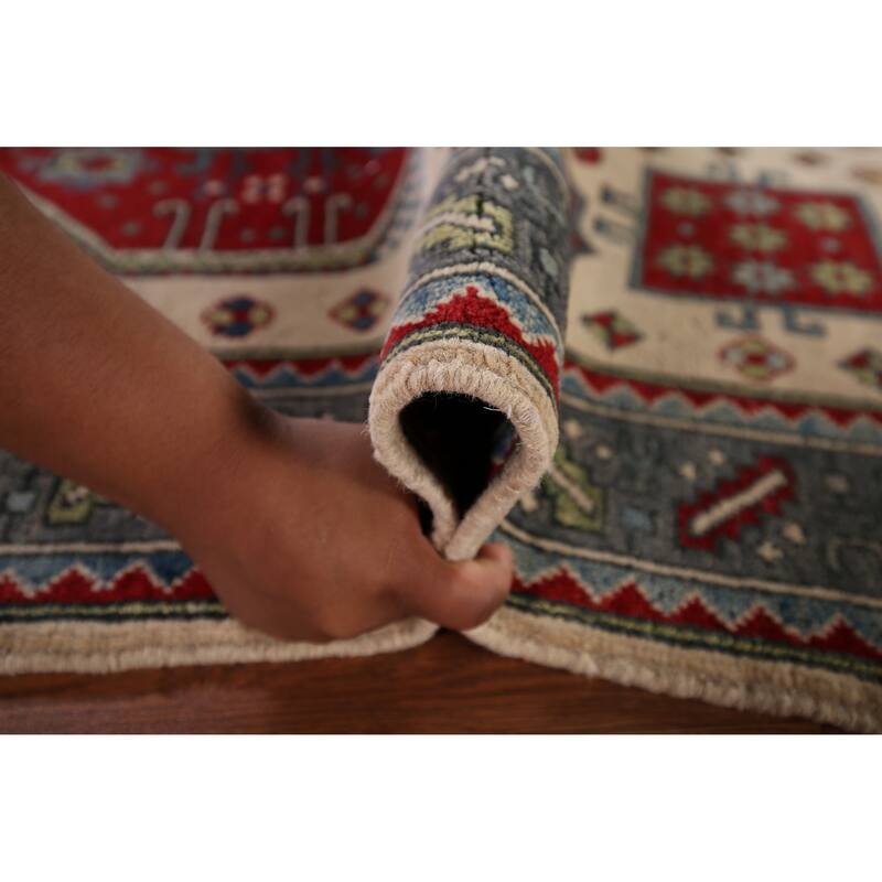 Kazak Oriental Area Rug Hand-Knotted Traditional Beige Wool Carpet - 4'2" x 5'7"