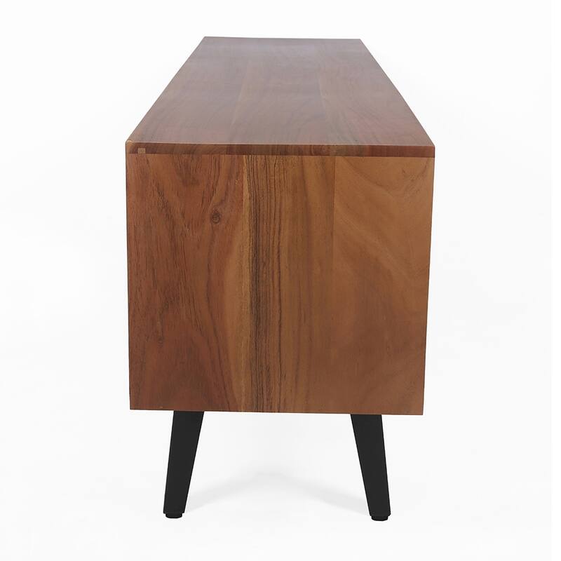Natural Wood+Brown 57.9" TV Stand with Two Closed Cabinets and Open Shelves for Living Room