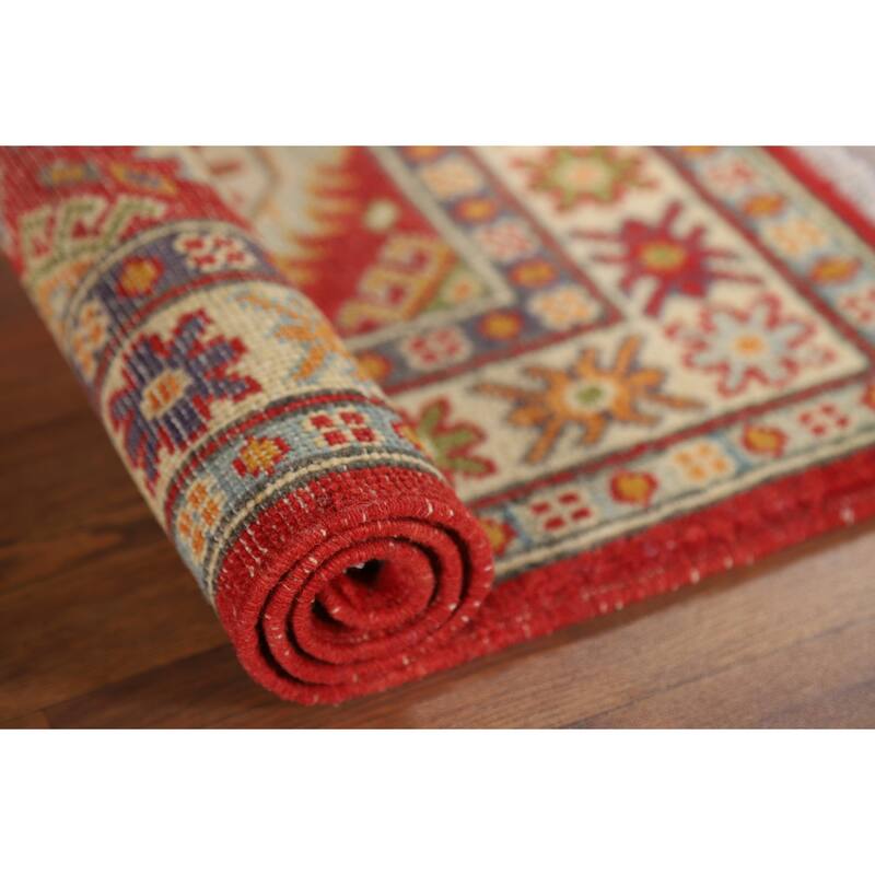 Geometric Kazak Oriental Foyer Rug Handmade Red Wool Carpet - 2'0" x 2'11"