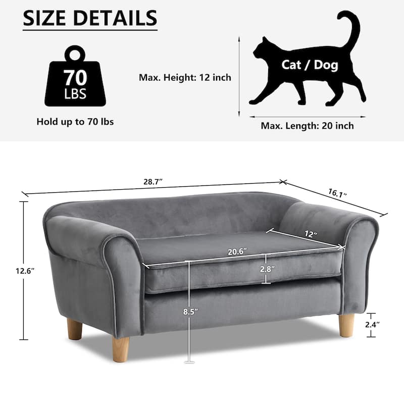 20.67" x 12" x 2.76" Pet Sofa Bed, Grey Velvet Cat Bed and Small Dog Couch with Rubberwood Legs