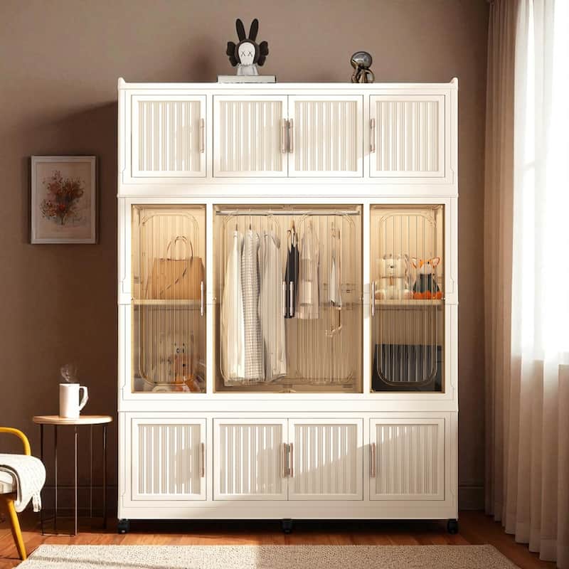 Portable Wardrobe Closet Organizer with 12 Magnetic Doors, 12 Cubes, Hanging Rod & 6 Hangers, Plastic Storage Cabinet - Cream White