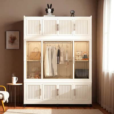 Portable Wardrobe Closet Organizer with 12 Magnetic Doors, 12 Cubes, Hanging Rod & 6 Hangers, Plastic Storage Cabinet