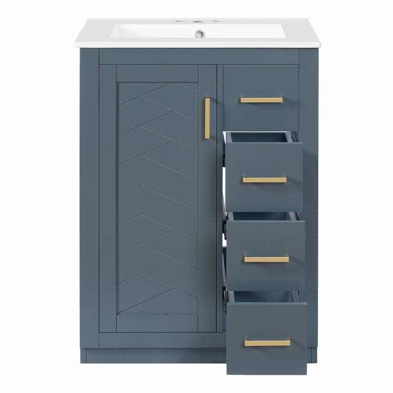 24" Bathroom Vanity with Integrated Ceramic Sink, Cabinet with 1 Door and 3 Drawers