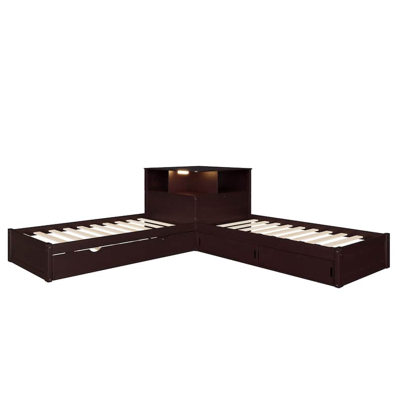 Roomfitters Twin L-Shaped Platform Bed with Trundle, Storage Cabinets and LED Desk