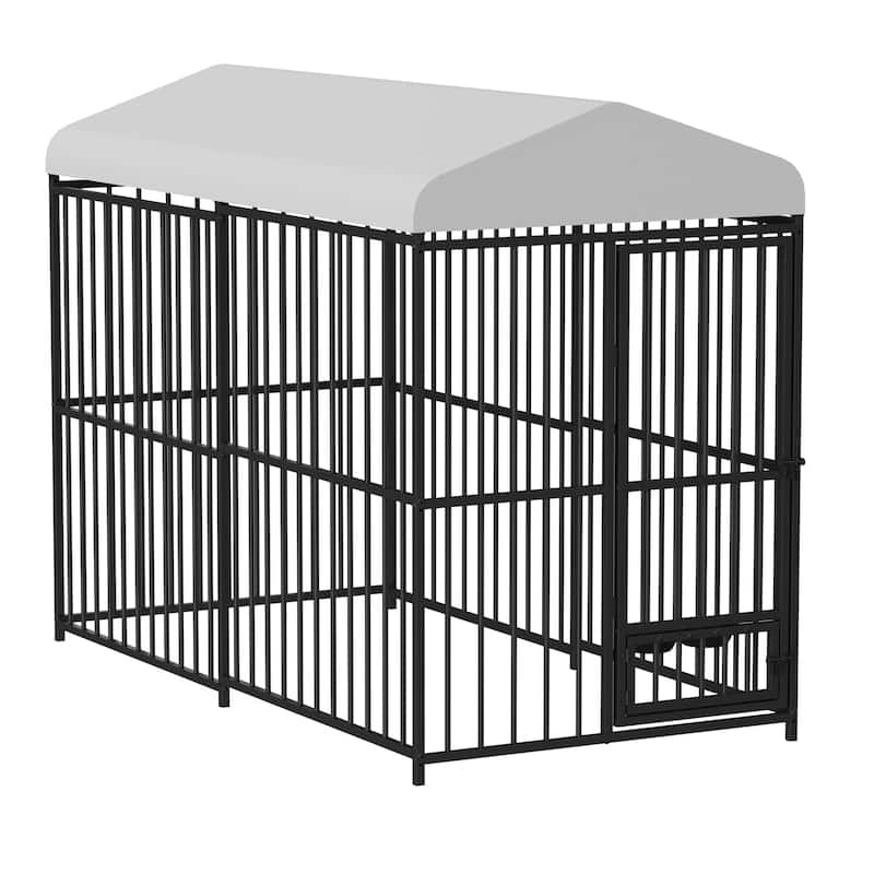 Large Outdoor Dog Kennel with Roof, Heavy Duty Metal Cage, Feeding Bowl & Lock
