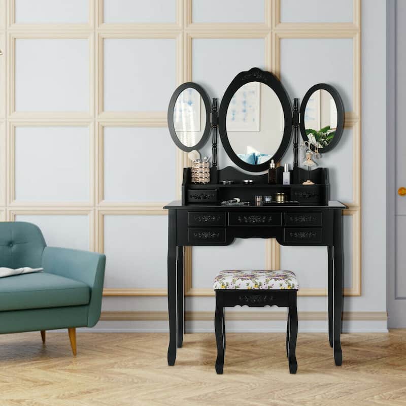 Gymax Vanity Makeup Set W/7 Drawer Tri-Folding Mirror Dressing Table &