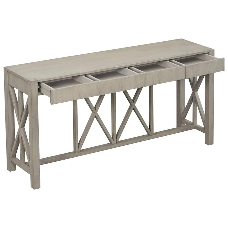 60-Inch Acacia Veneer Entryway Table – 4 Drawers, Crisscross Legs & Open Shelf Storage‌