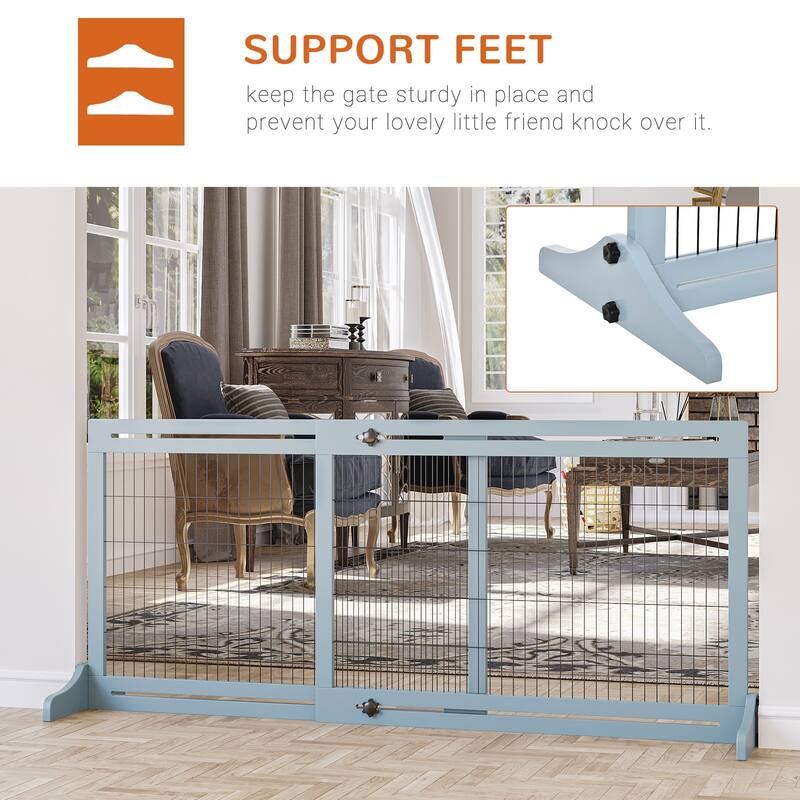 Extra Wide Freestanding Pet Gate with Adjustable Length Barrier, for House, Doorway, Hallway, Natural, Support Feet Included