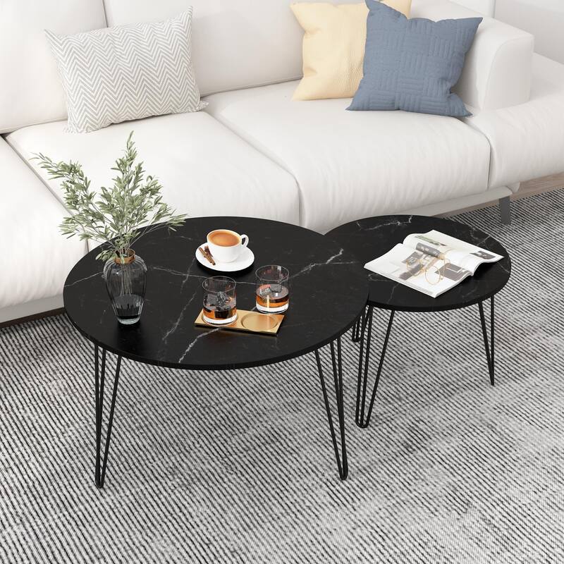 Anmytek Set of 2 Nesting Round Coffee Tables with Marble Effect Top & Hairpin Legs, Black Industrial Modern Side Tables