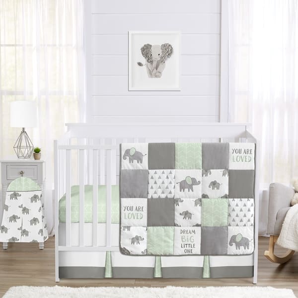 slide 2 of 6, Sweet Jojo Designs Mint, Grey and White Watercolor Elephant Safari Collection Unisex 4-piece Crib Bedding Set